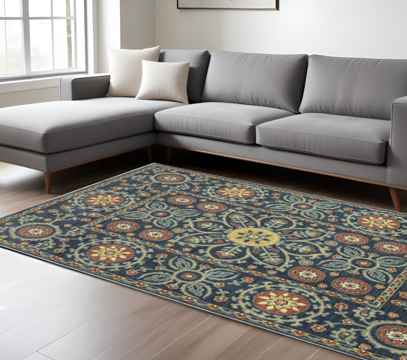 7' X 10' Blue And Rust Medallion Area Rug With Fringe