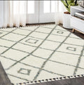 5' X 8' Ivory Gray And Tan Diamond Shag Area Rug With Fringe
