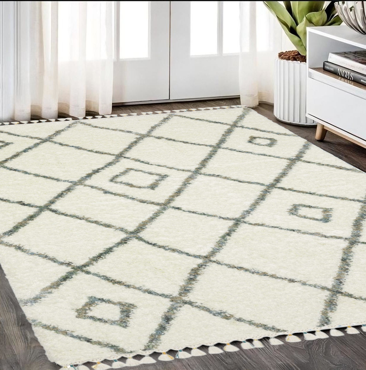 5' X 8' Ivory Gray And Tan Diamond Shag Area Rug With Fringe