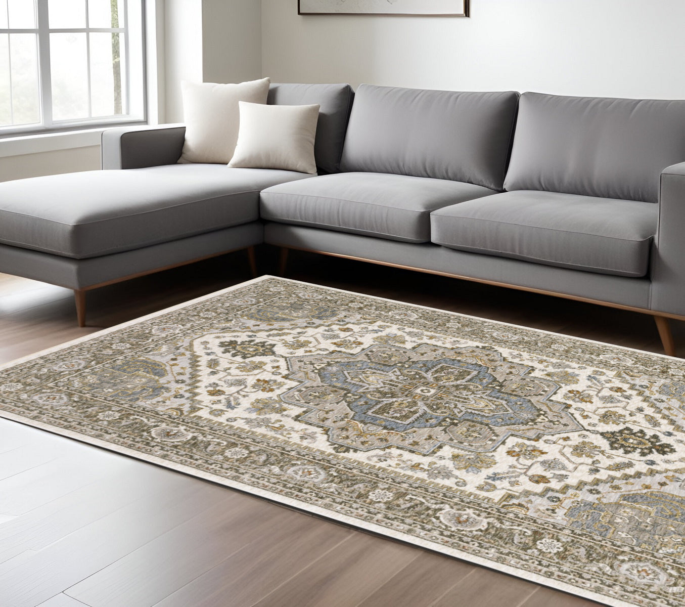 7' X 10' Ivory And Gold Medallion Distressed Area Rug With Fringe