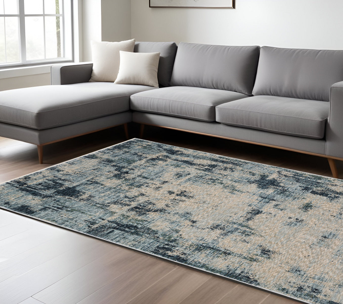 8' X 11' Beige And Blue Abstract Distressed Area Rug With Fringe