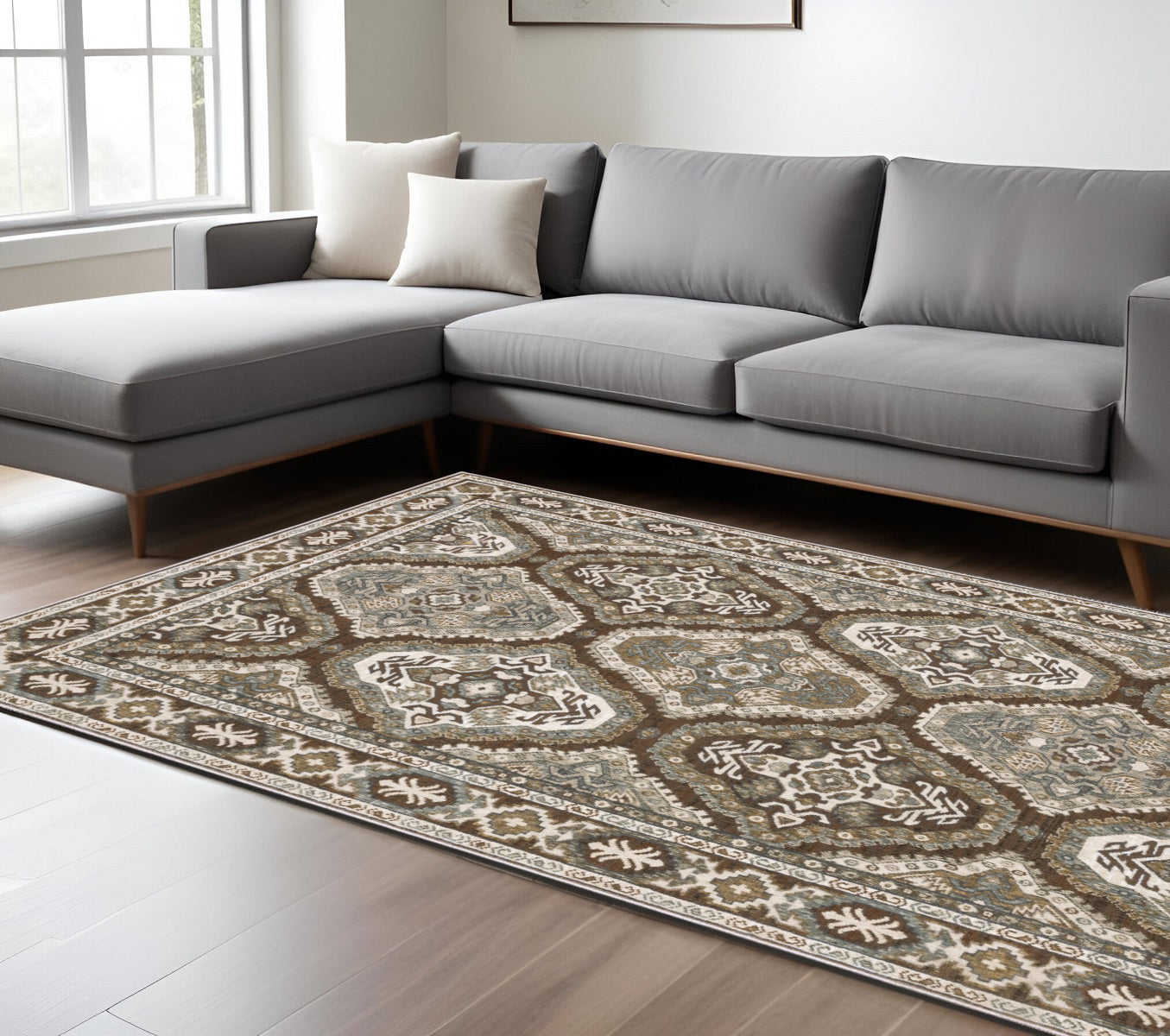 8' X 11' Ivory And Blue Medallion Area Rug