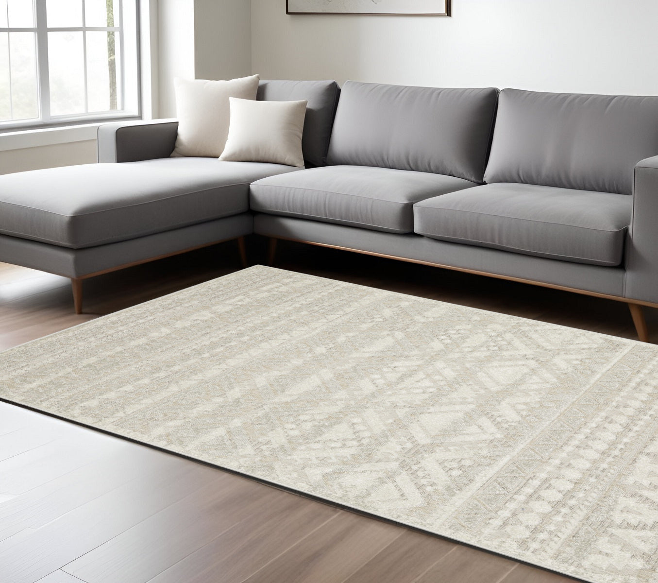8' X 11' Beige And Ivory Tribal Area Rug