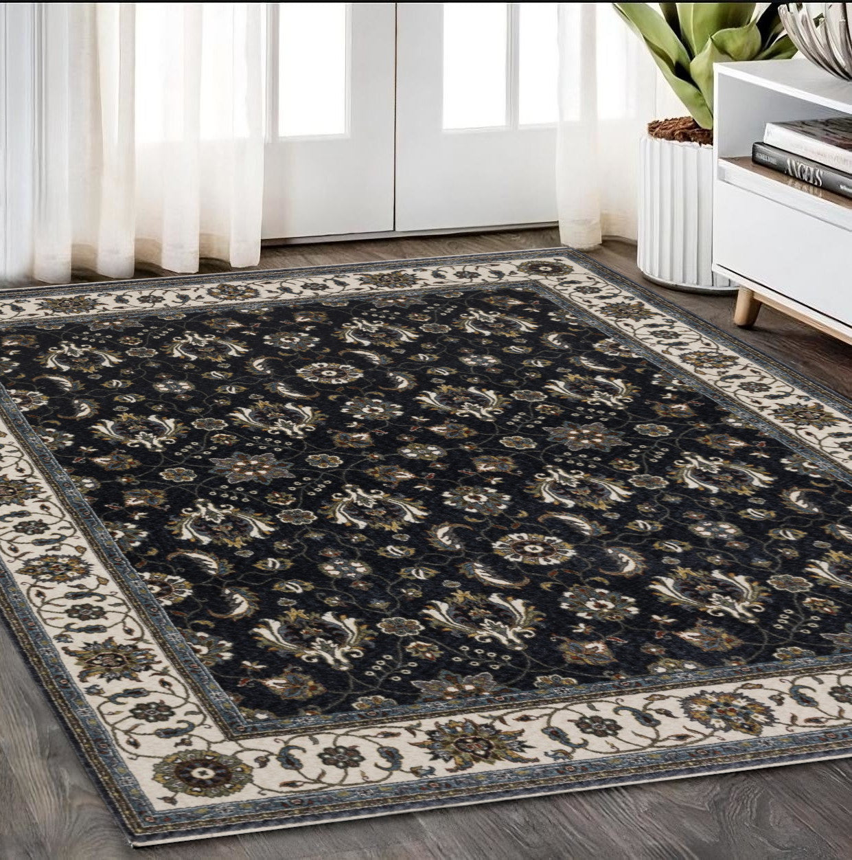 5' X 8' Blue And Ivory Oriental Area Rug With Fringe