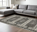 7' X 10' Ivory And Charcoal Oriental Area Rug With Fringe