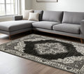 7' X 10' Charcoal And Ivory Medallion Area Rug With Fringe
