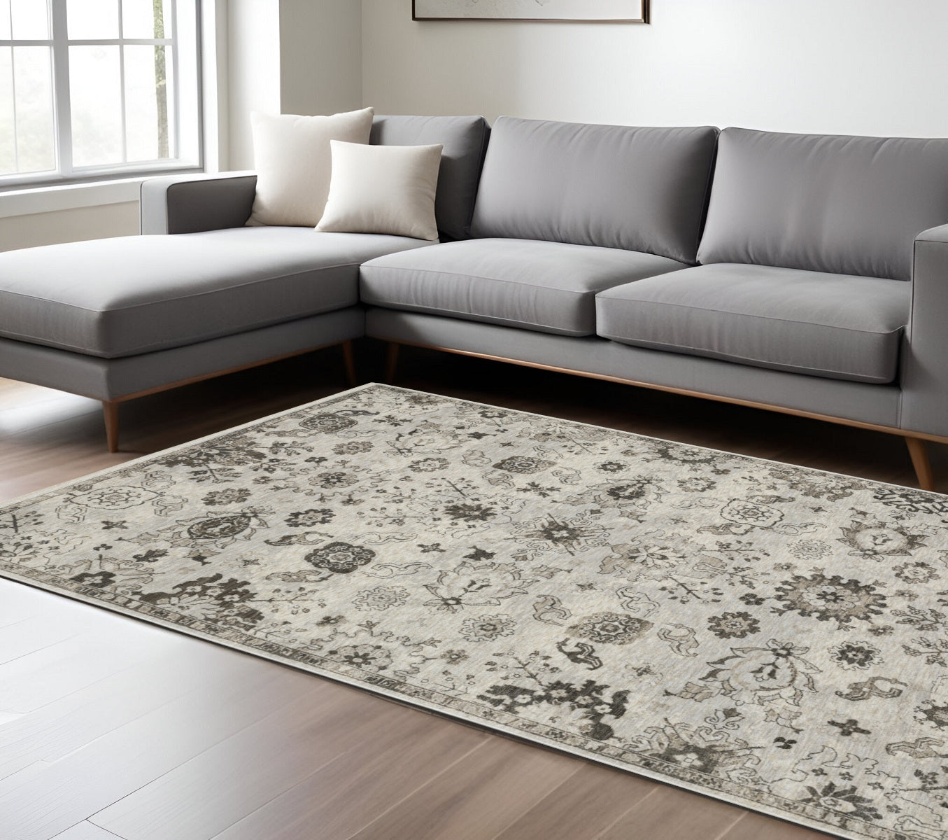 7' X 10' Ivory And Gray Oriental Area Rug With Fringe