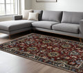 7' X 10' Red Blue And Charcoal Oriental Area Rug With Fringe