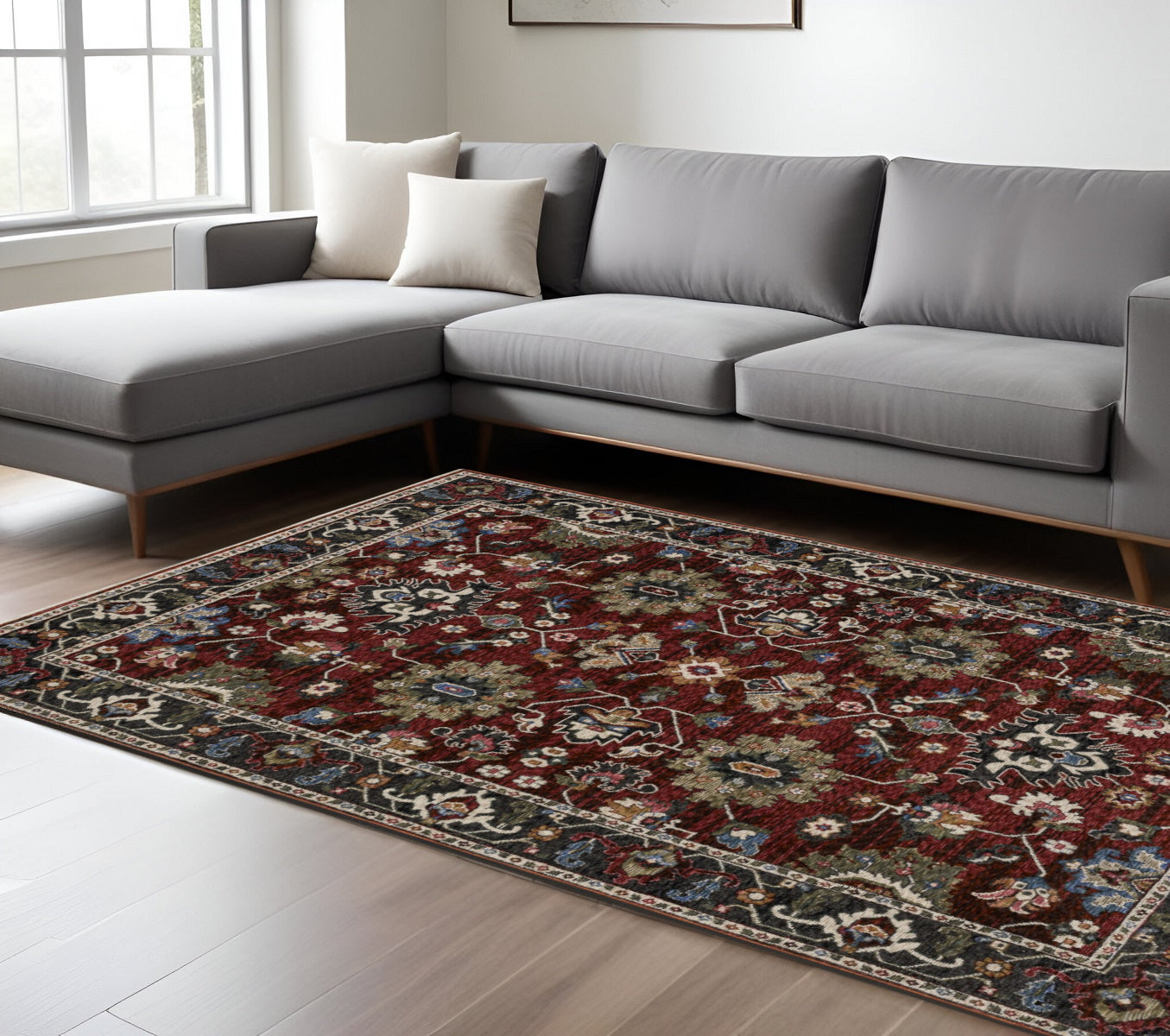 7' X 10' Red Blue And Charcoal Oriental Area Rug With Fringe