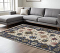 7' X 10' Blue And Ivory Floral Area Rug With Fringe