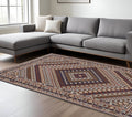 8' X 11' Ivory Red And Tan Diamond Area Rug With Fringe