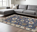 8' X 11' Blue And Ivory Floral Area Rug With Fringe