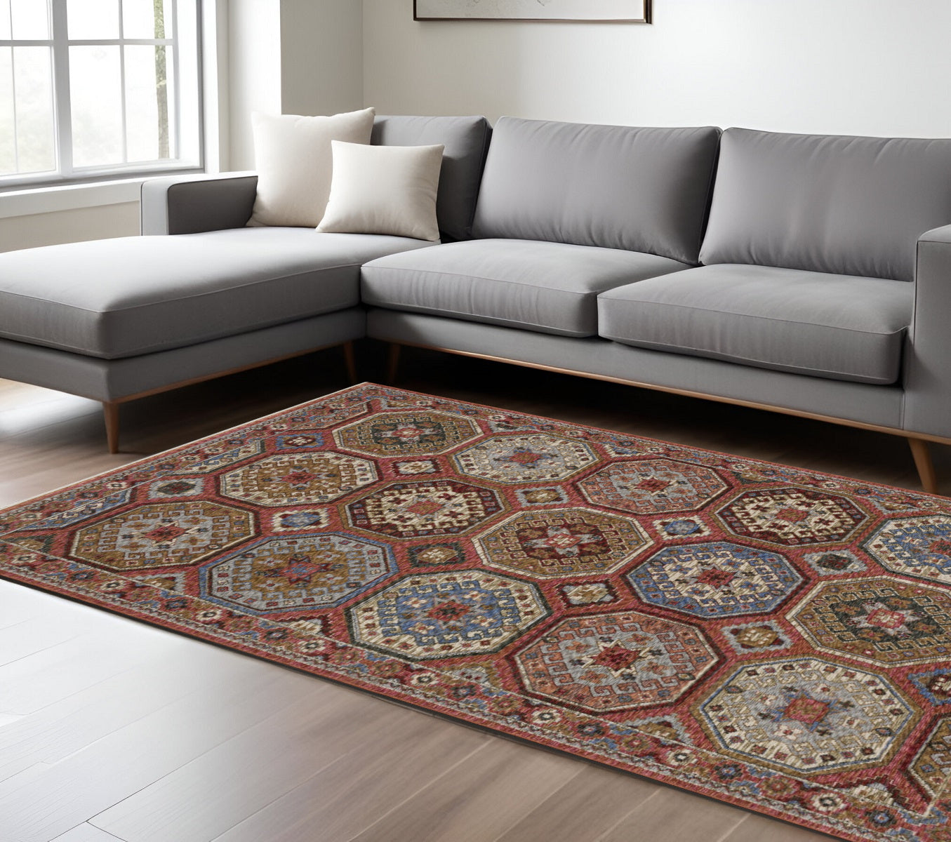 8' X 11' Pink And Red Medallion Area Rug With Fringe