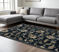 7' X 10' Dark Blue Tan And Green Oriental Area Rug With Fringe