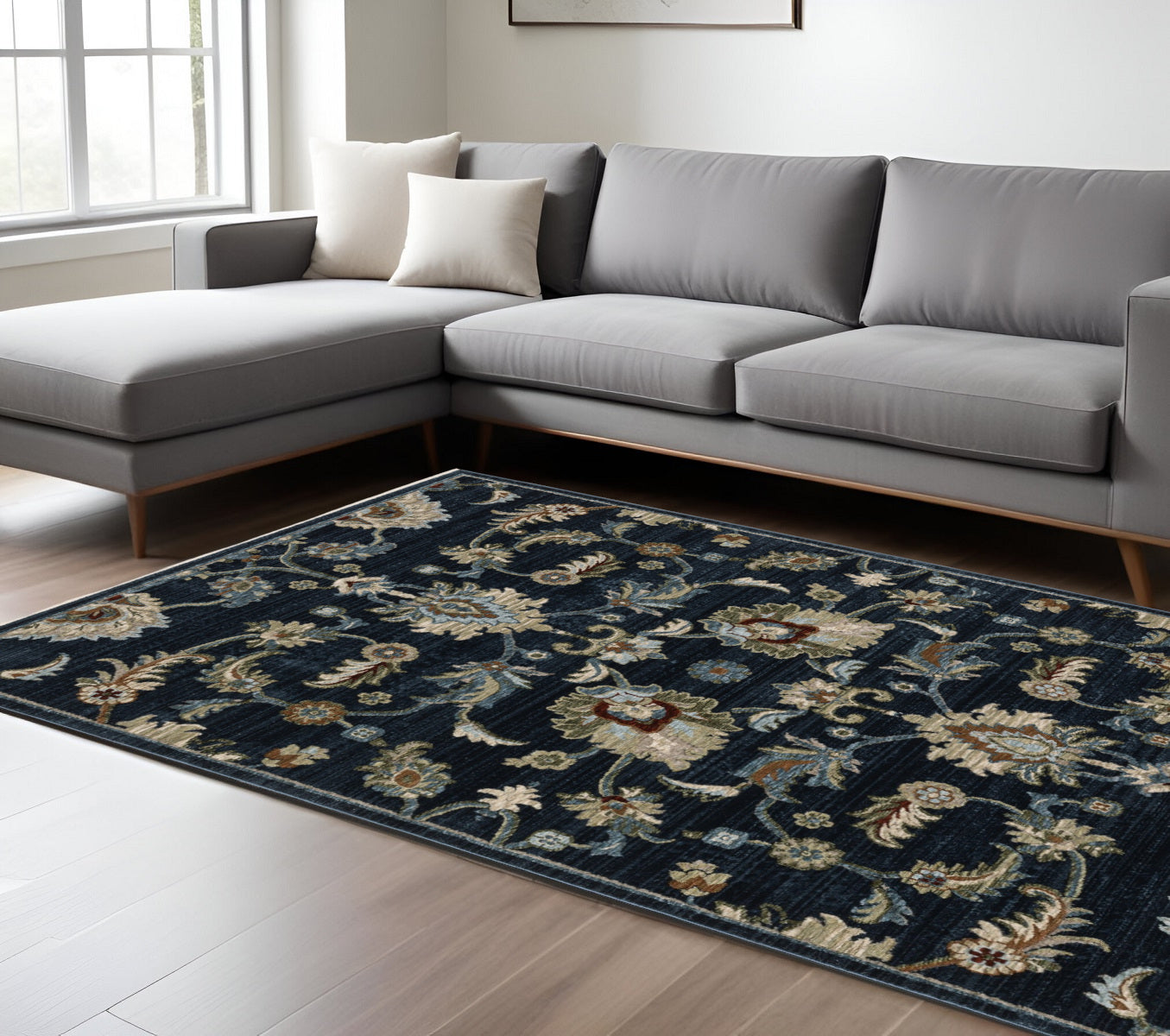 7' X 10' Dark Blue Tan And Green Oriental Area Rug With Fringe