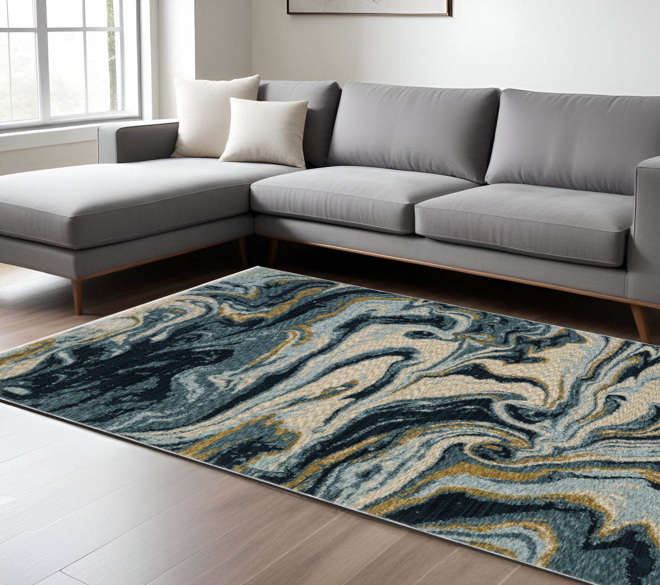 8' X 11' Navy Blue And Teal Abstract Area Rug With Fringe