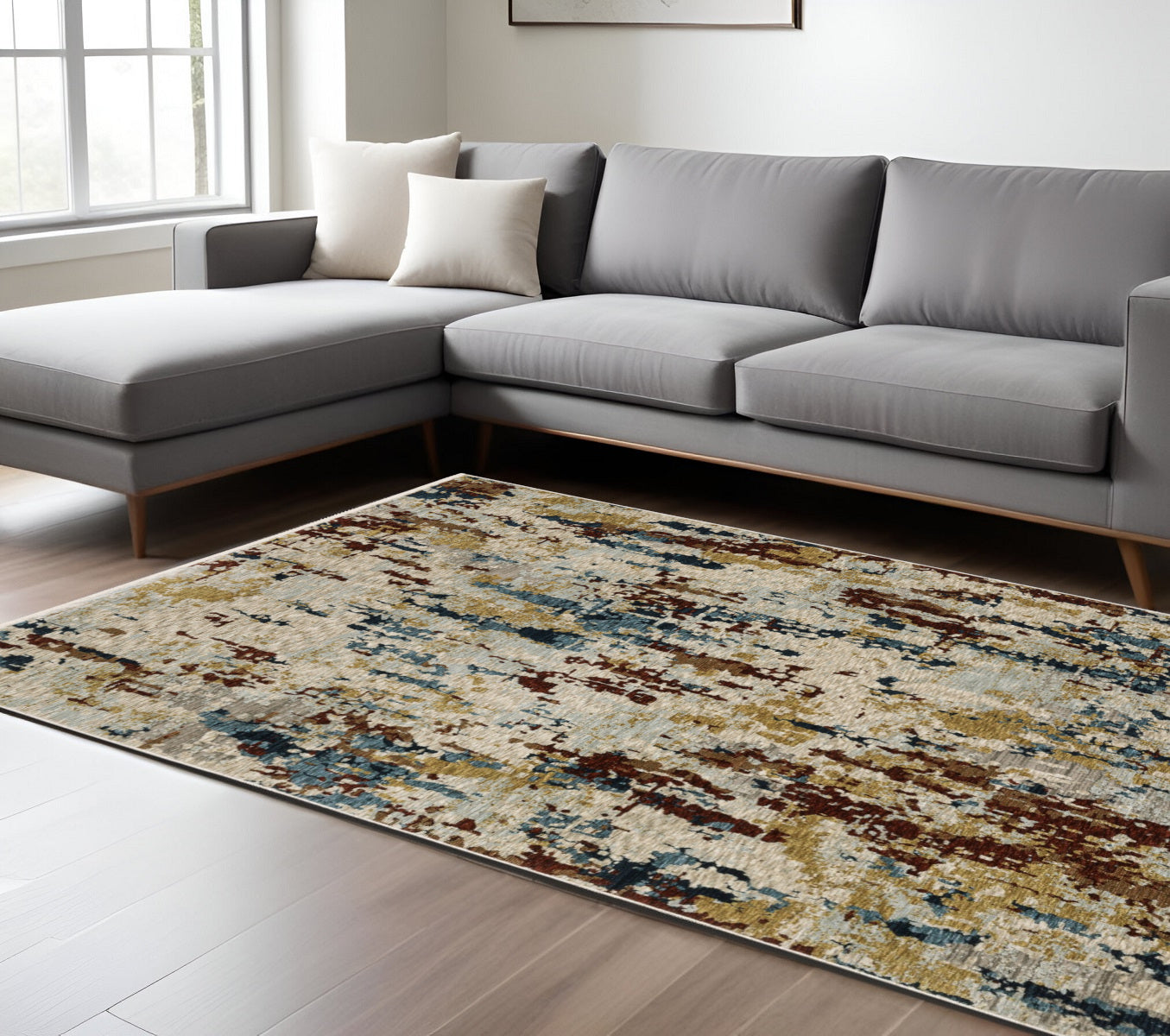 10' X 13' Beige Rust And Light Blue Abstract Distressed Area Rug With Fringe