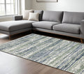 8' X 11' Blue And Green Striped Distressed Area Rug