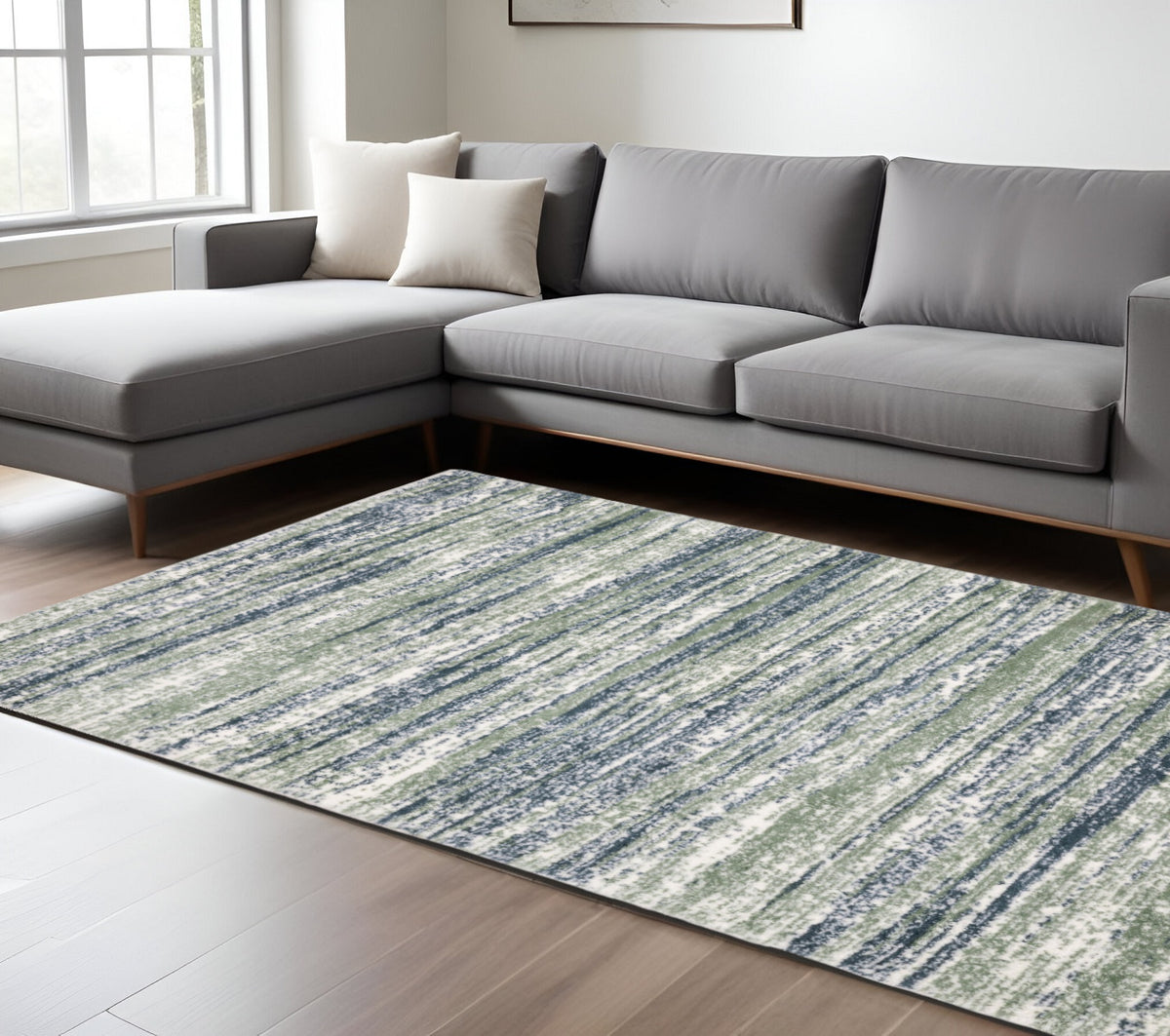 8' X 11' Blue And Green Striped Distressed Area Rug