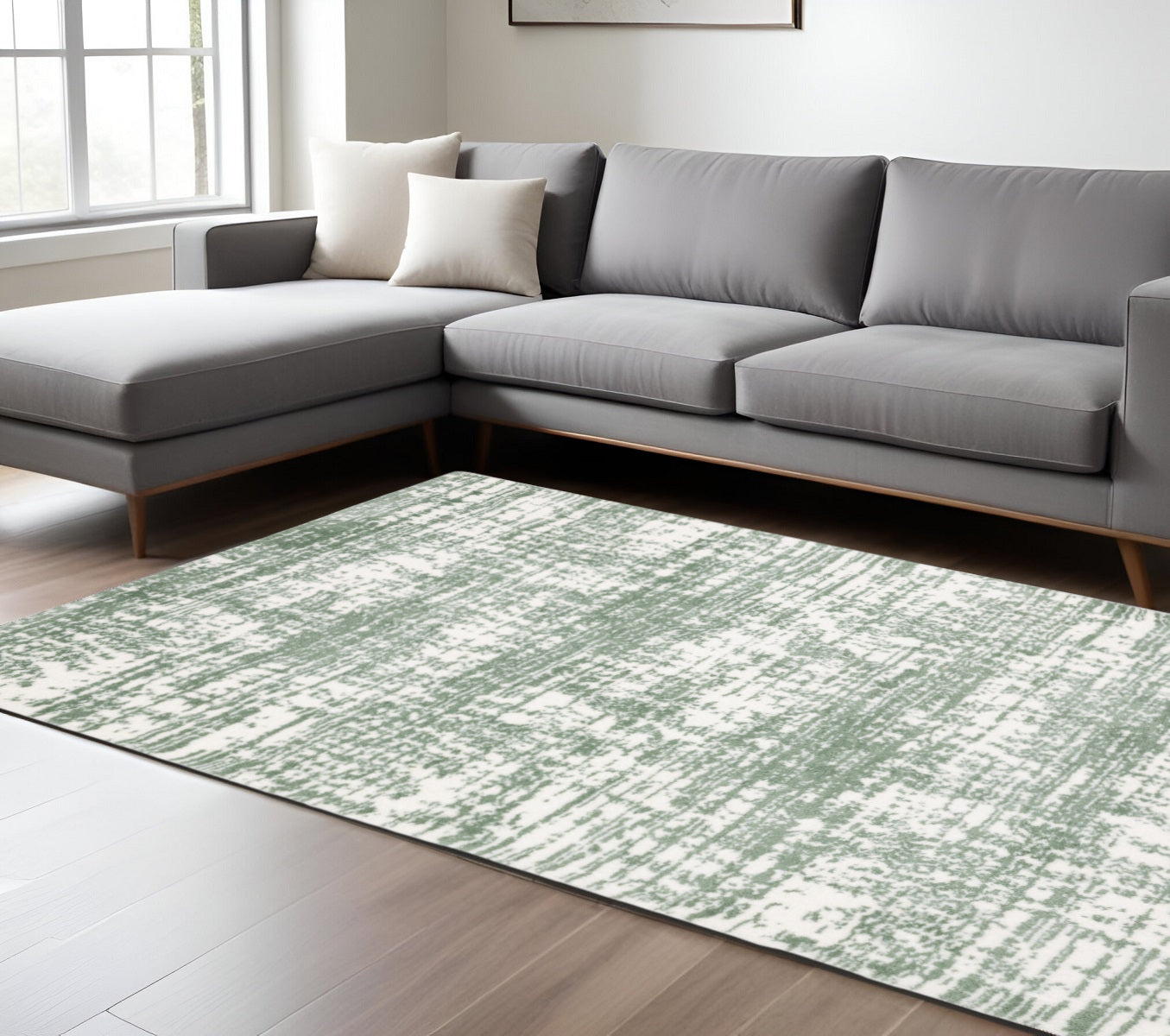 8' X 11' Green And Ivory Abstract Area Rug