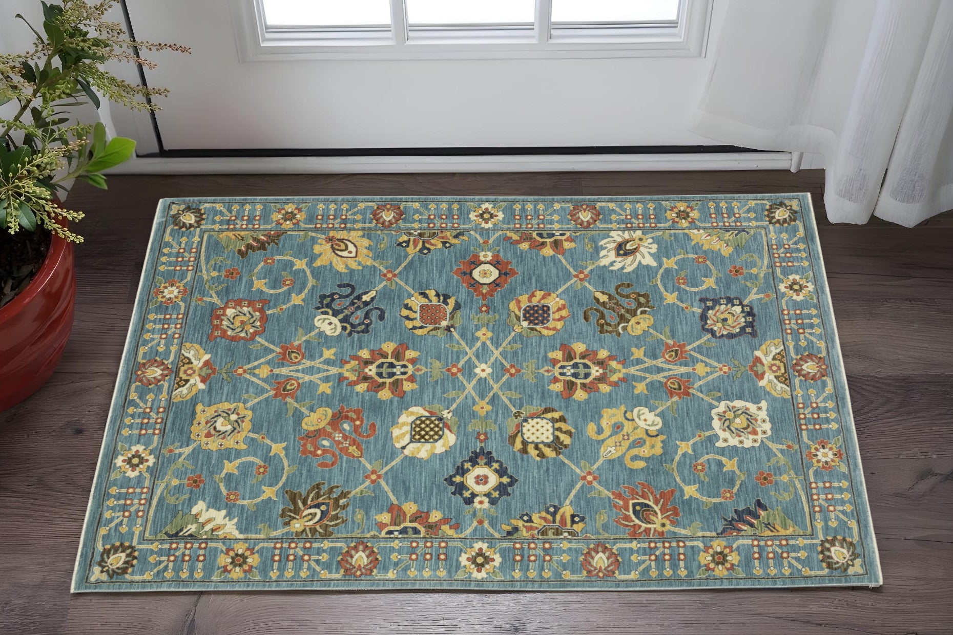 2' X 3' Blue Orange And Yellow Oriental Area Rug With Fringe