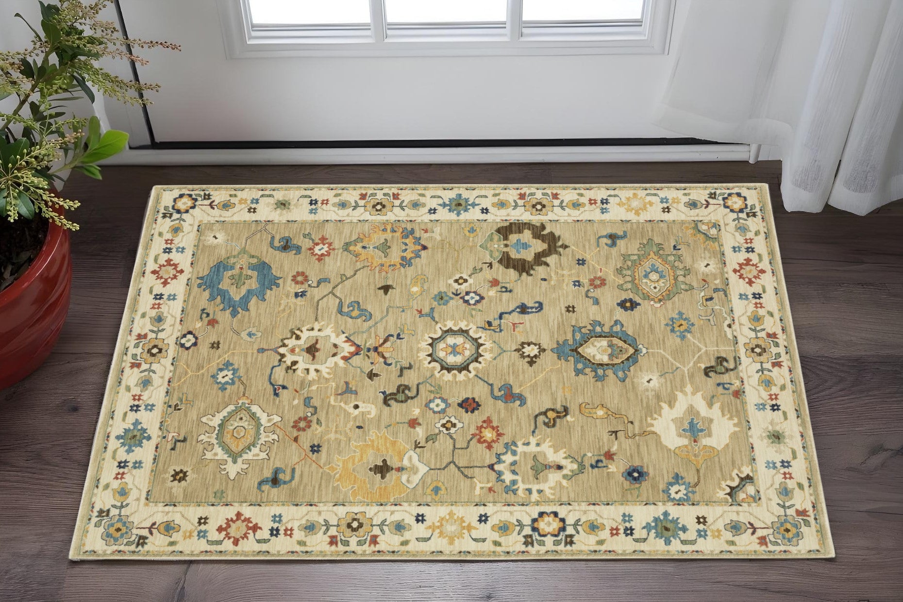 2' X 3' Beige Blue And Red Oriental Area Rug With Fringe