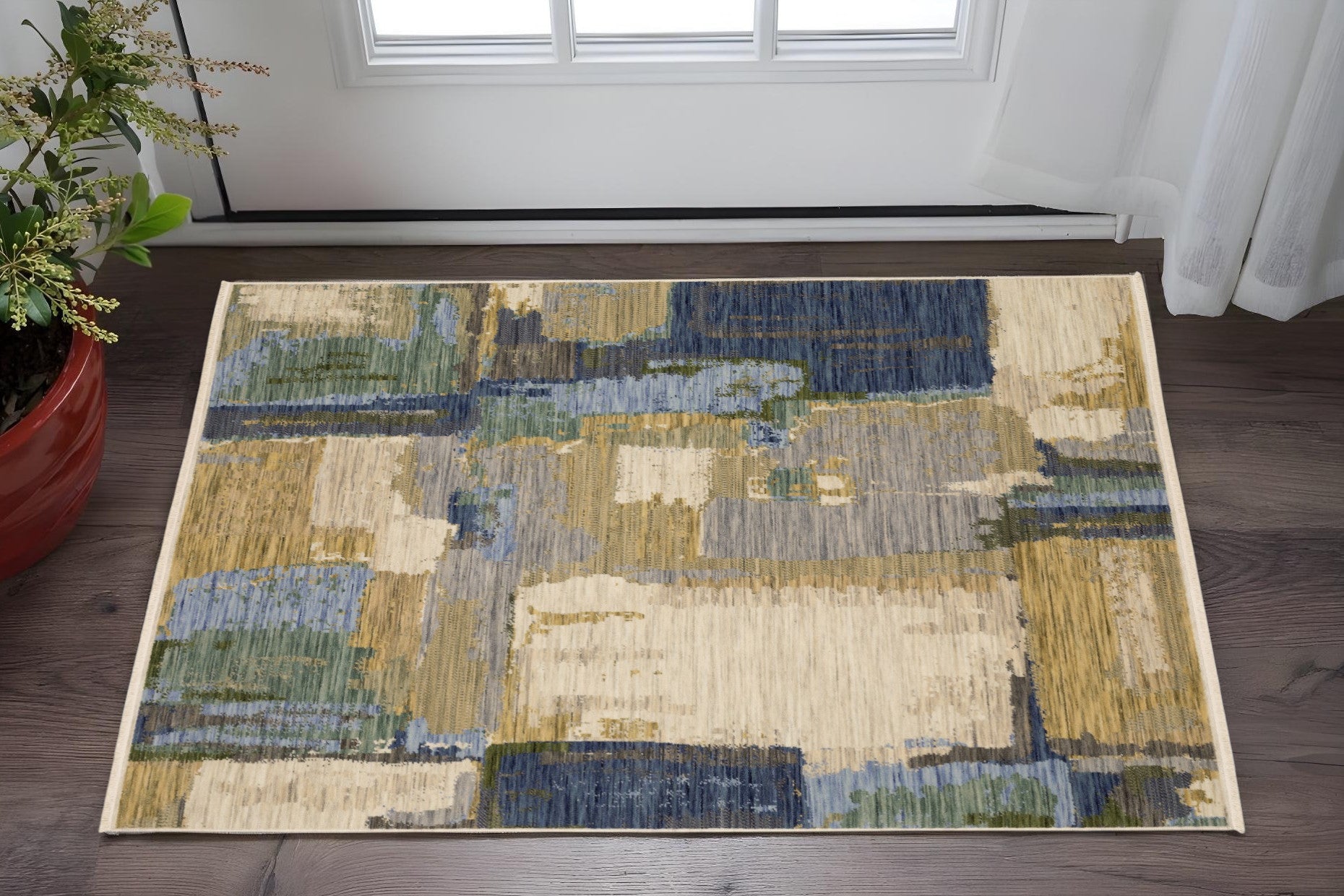 2' X 3' Blue And Green Abstract Area Rug With Fringe