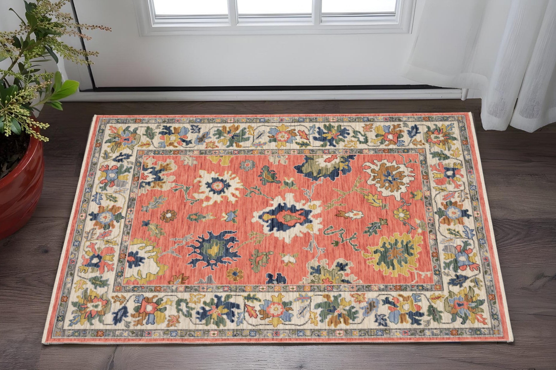 2' X 3' Salmon Blue And Yellow Oriental Area Rug With Fringe