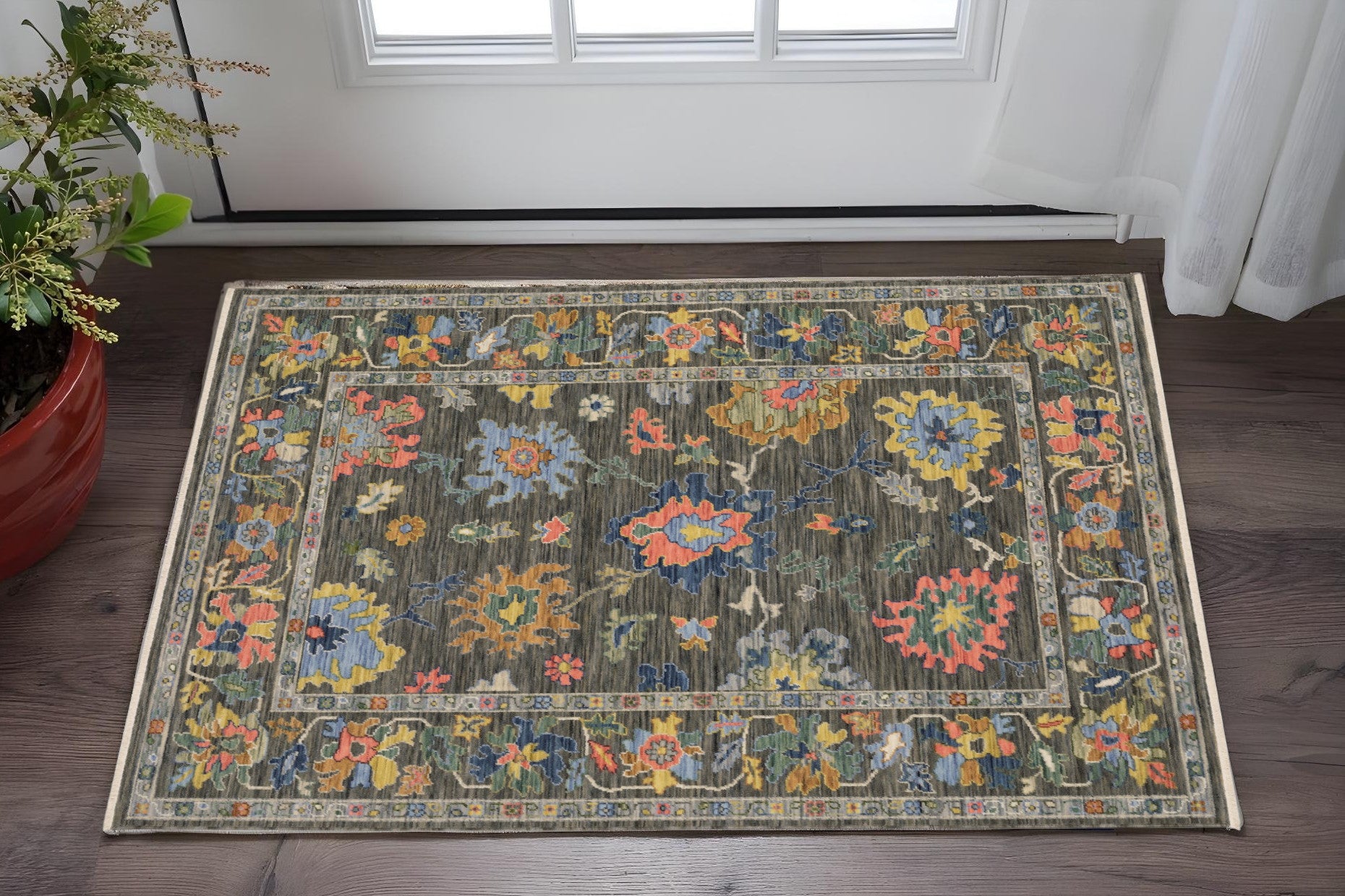2' X 3' Gray Yellow And Blue Oriental Area Rug With Fringe