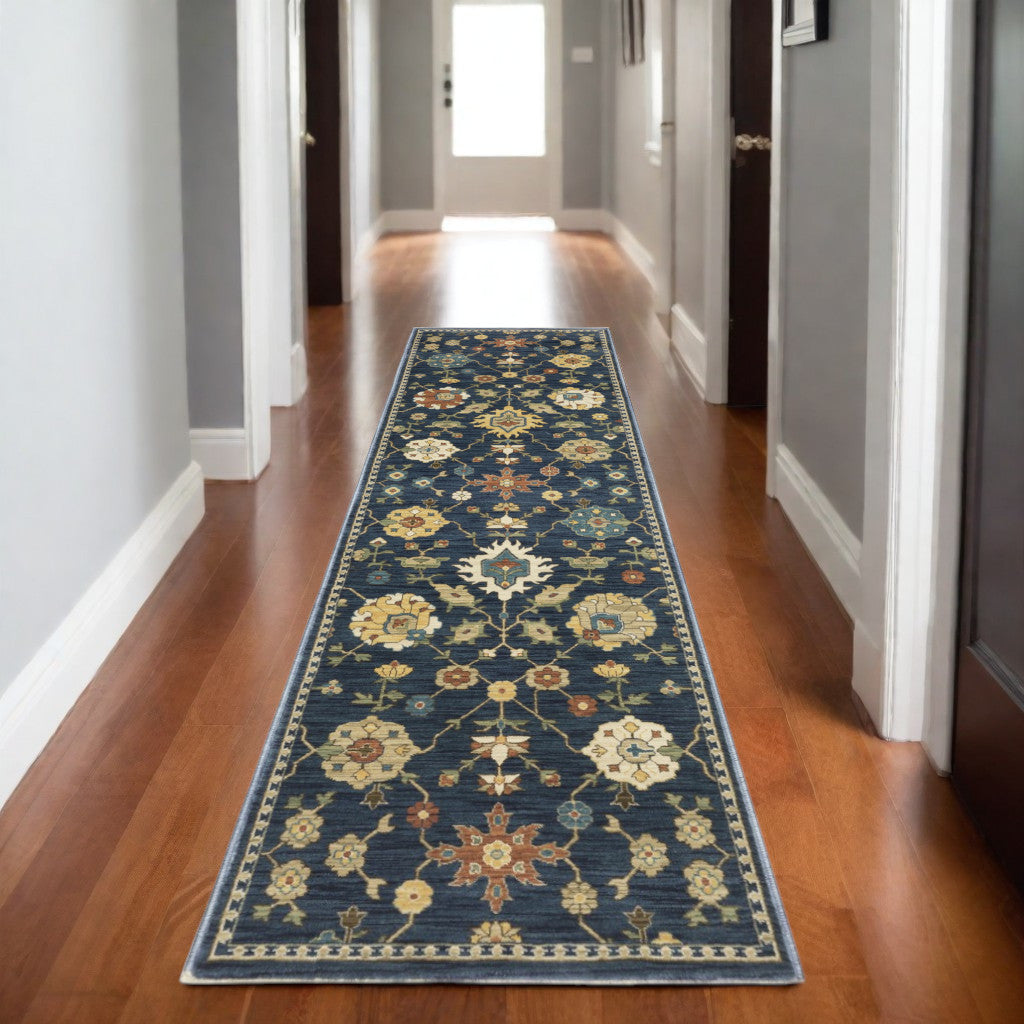 8' Blue And Gold Oriental Runner Rug With Fringe