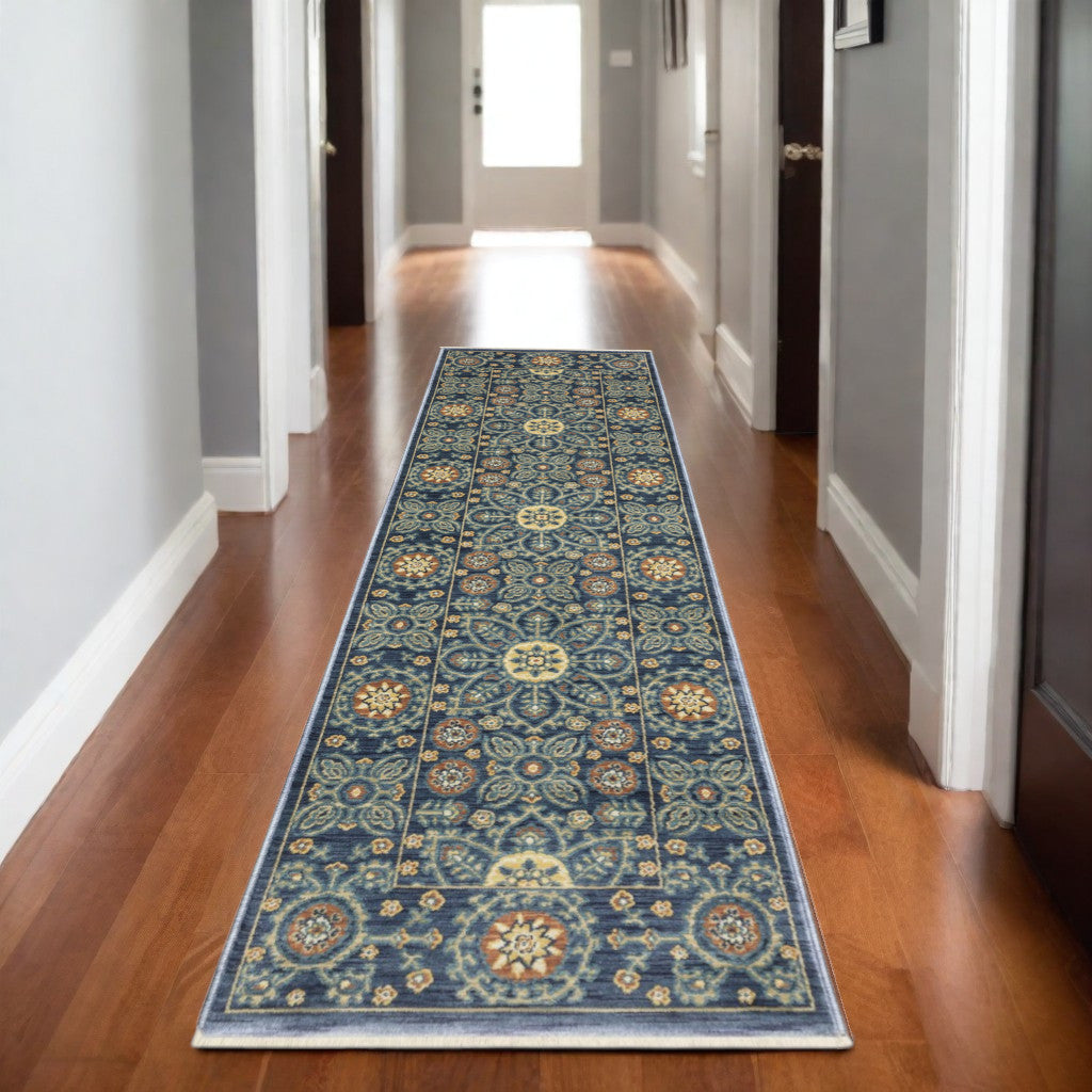 8' Blue And Rust Medallion Runner Rug With Fringe