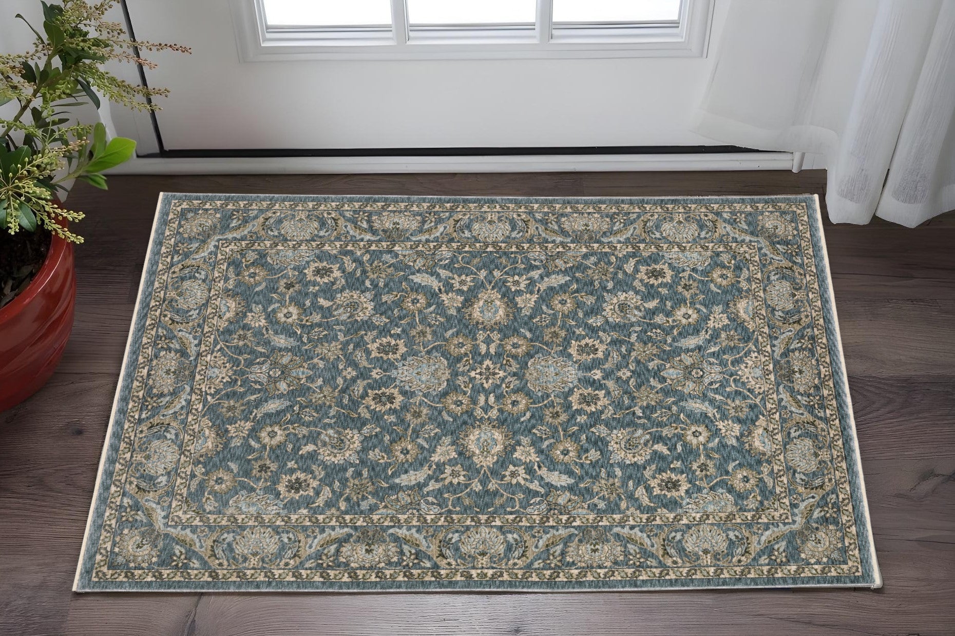 2' X 3' Blue And Beige Oriental Area Rug With Fringe