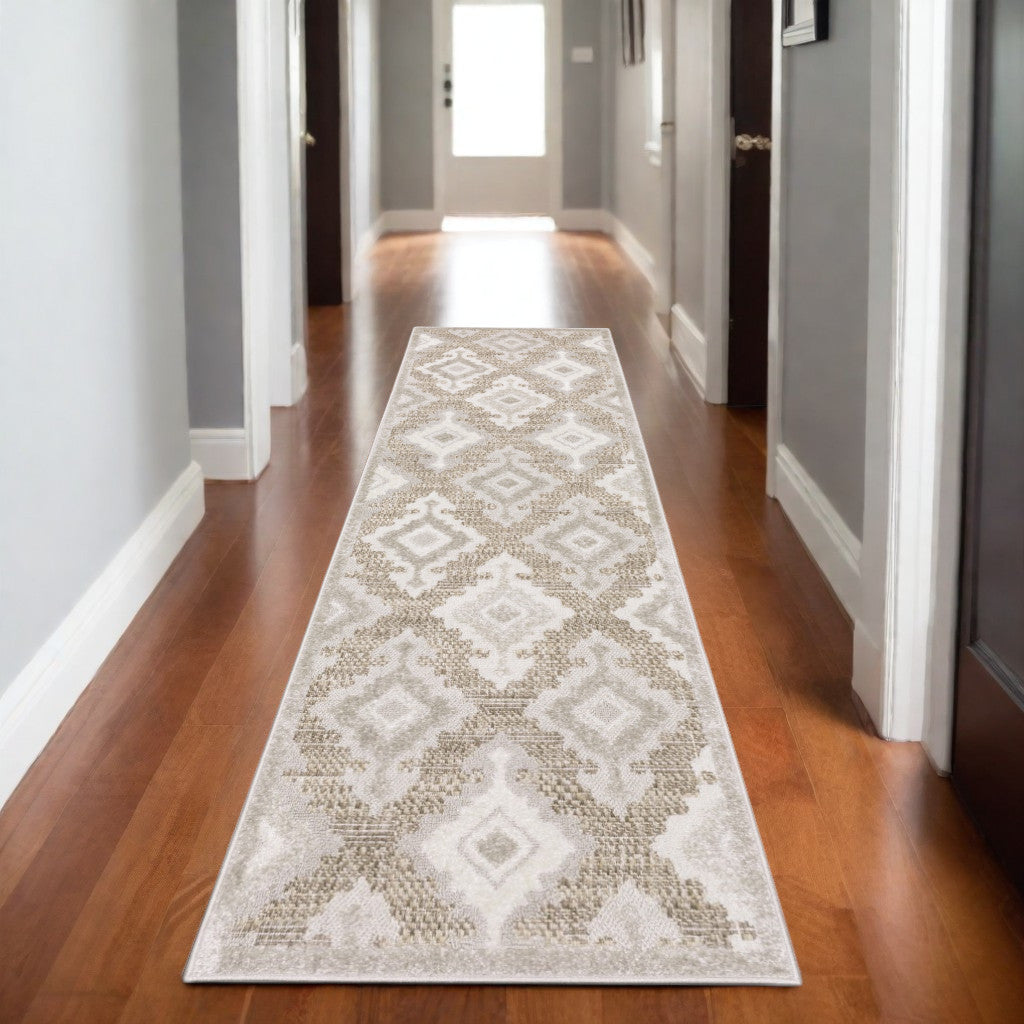 8' Beige And Gray Oriental Runner Rug