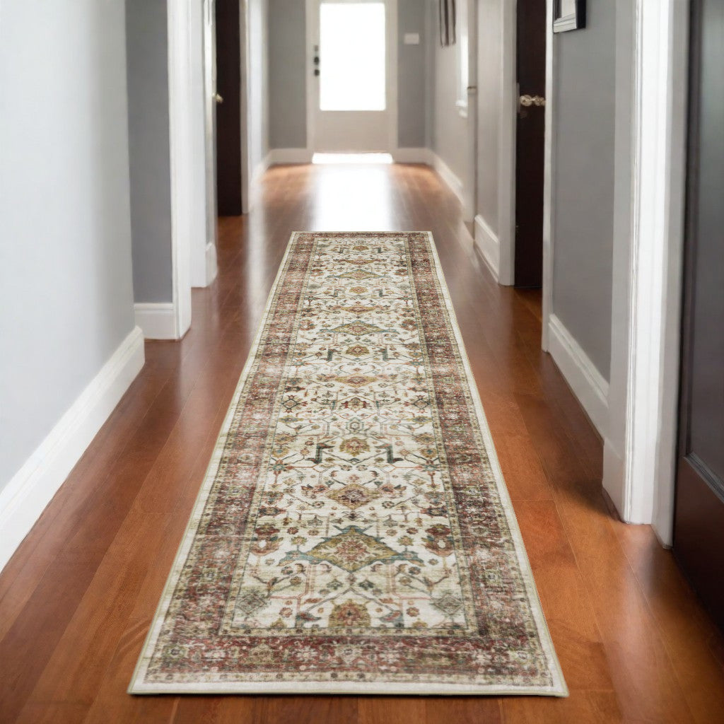 8' Ivory Oriental Distressed Runner Rug