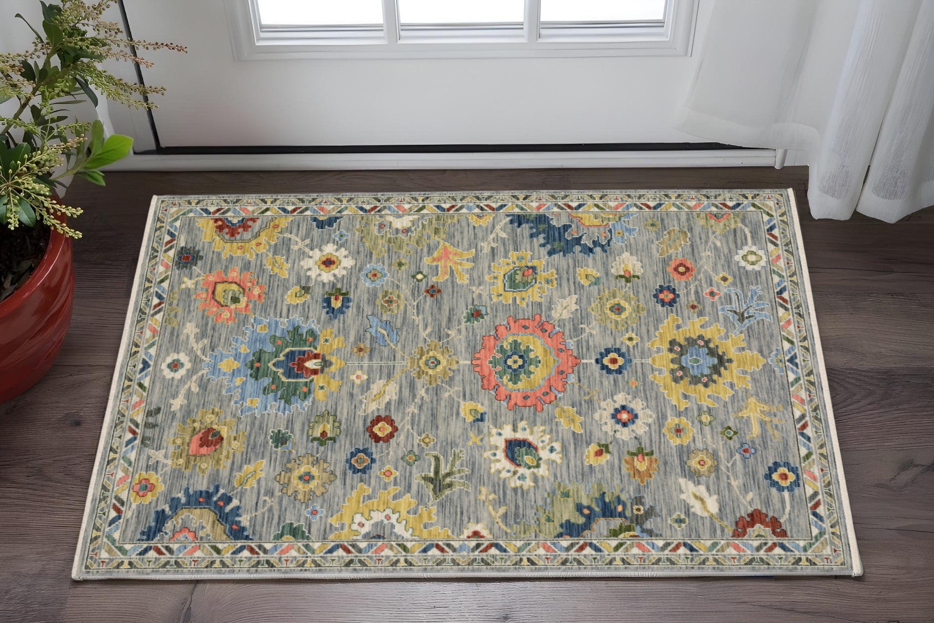 3' X 5' Gray Yellow And Blue Oriental Area Rug With Fringe