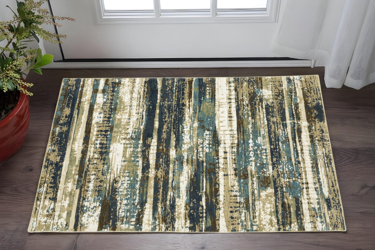 3' X 5' Beige And Blue Abstract Area Rug