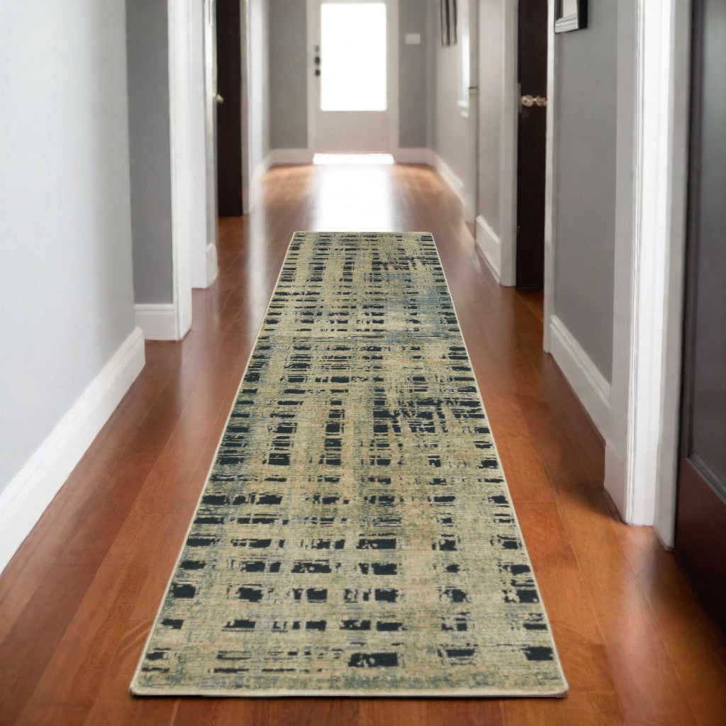 8' Beige And Blue Geometric Runner Rug