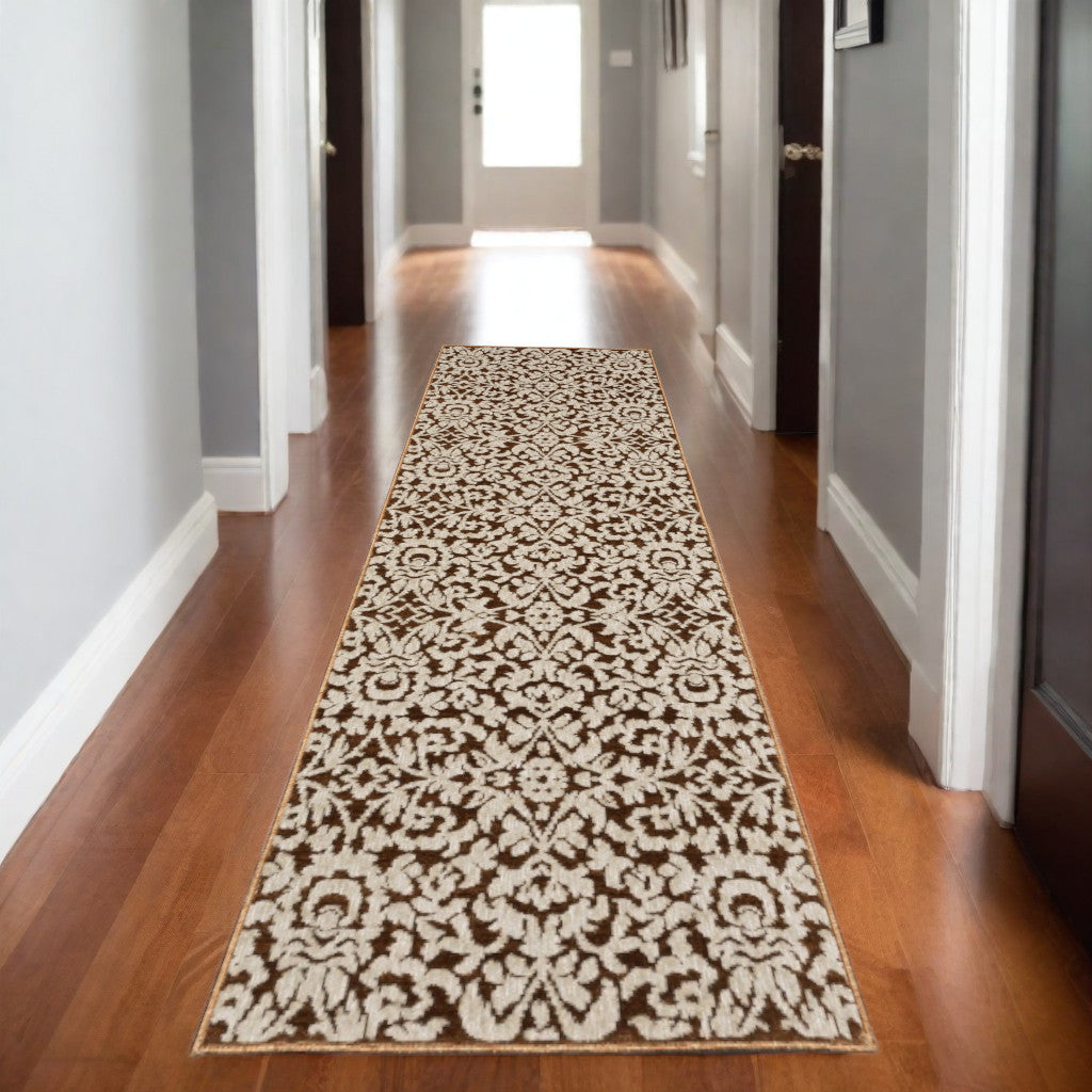 8' Rust And Beige Oriental Runner Rug