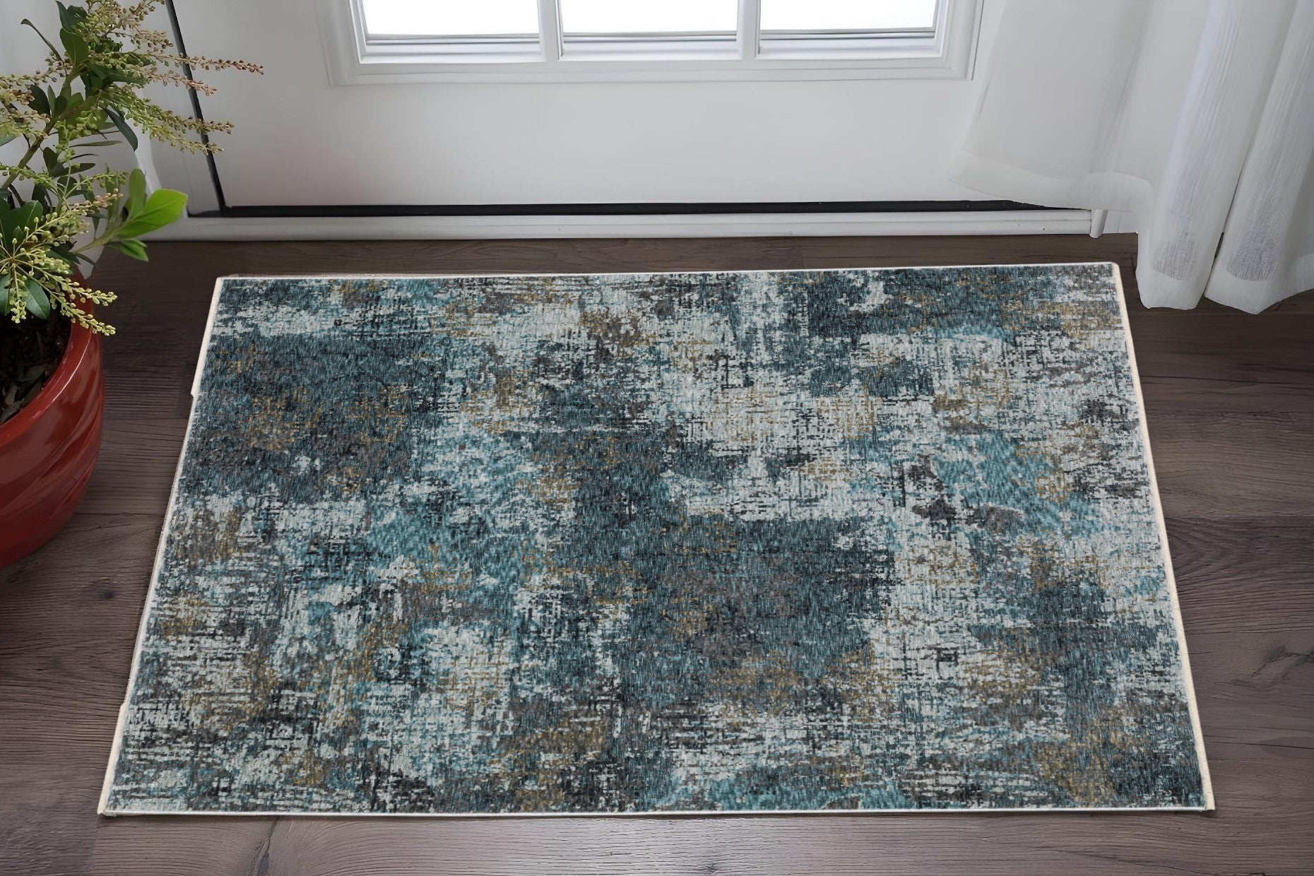 3' X 5' Blue And Gray Abstract Area Rug With Fringe