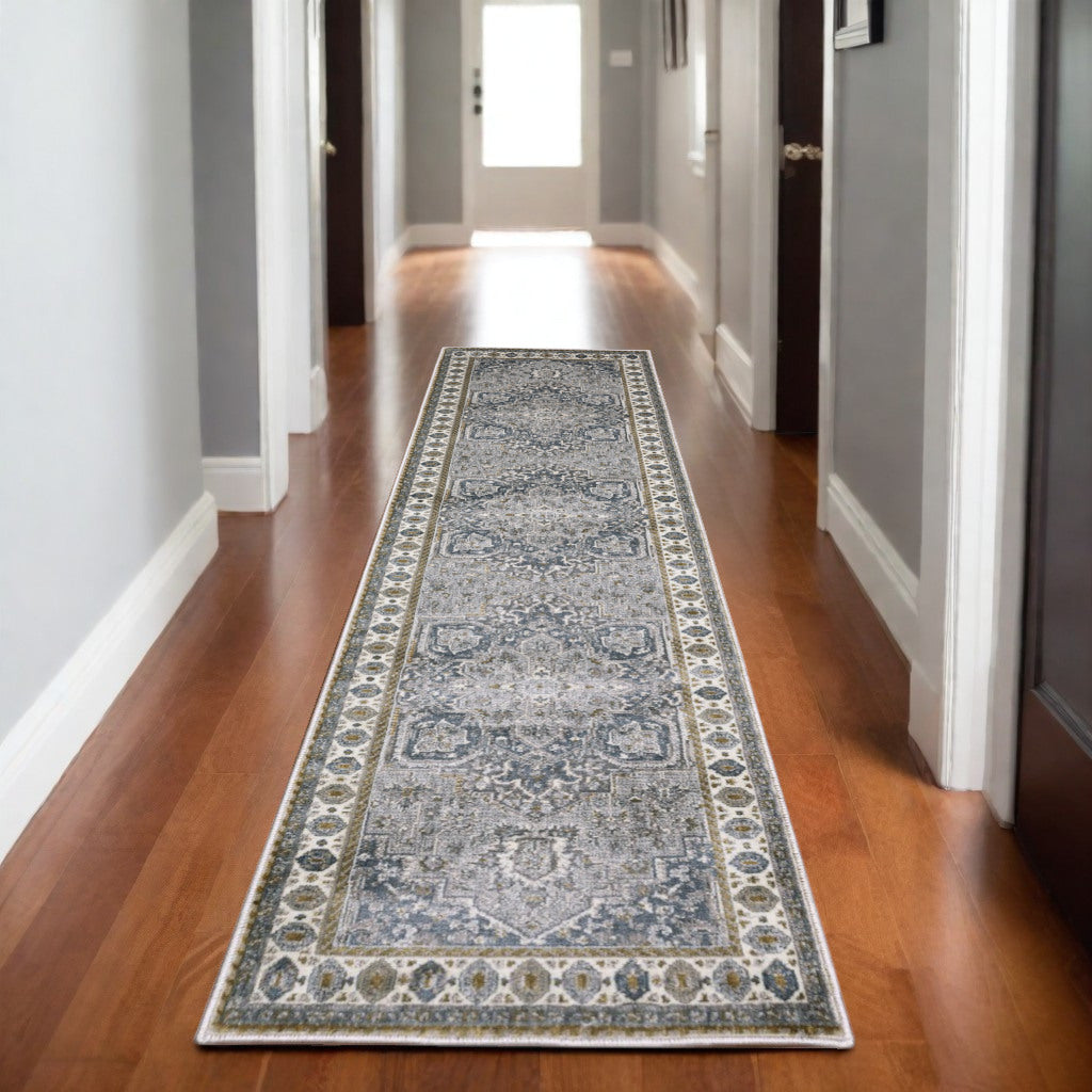 8' Brown And Blue Medallion Runner Rug