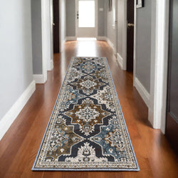 8' Gray And Blue Medallion Runner Rug