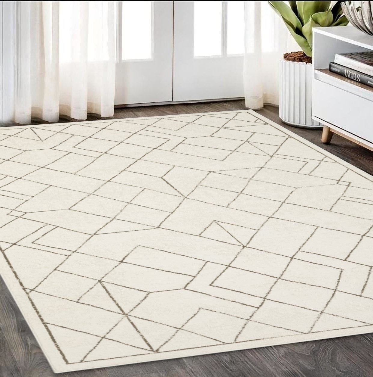 5' X 8' Ivory And Taupe Geometric Area Rug