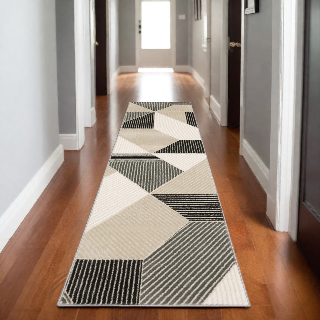 8' Ivory And Black Geometric Runner Rug