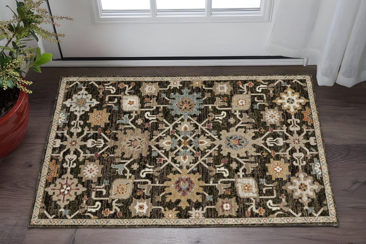 2' X 3' Brown Black And Ivory Oriental Area Rug
