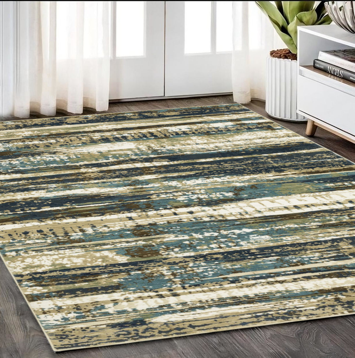 5' X 8' Beige And Blue Abstract Area Rug