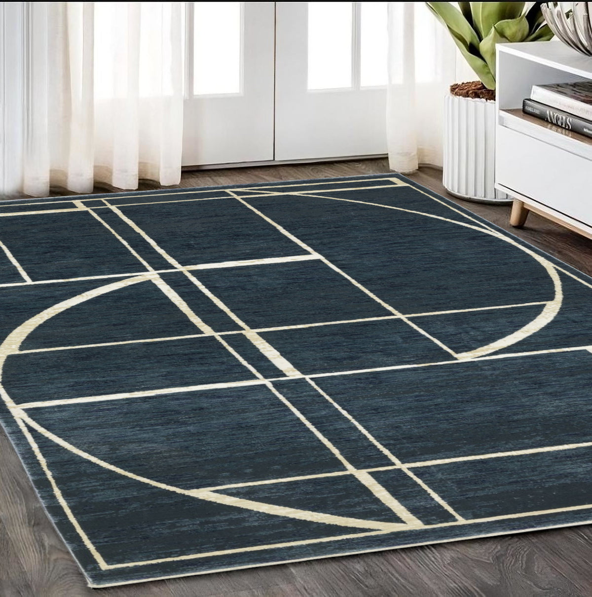 5' X 8' Blue And Ivory Geometric Area Rug