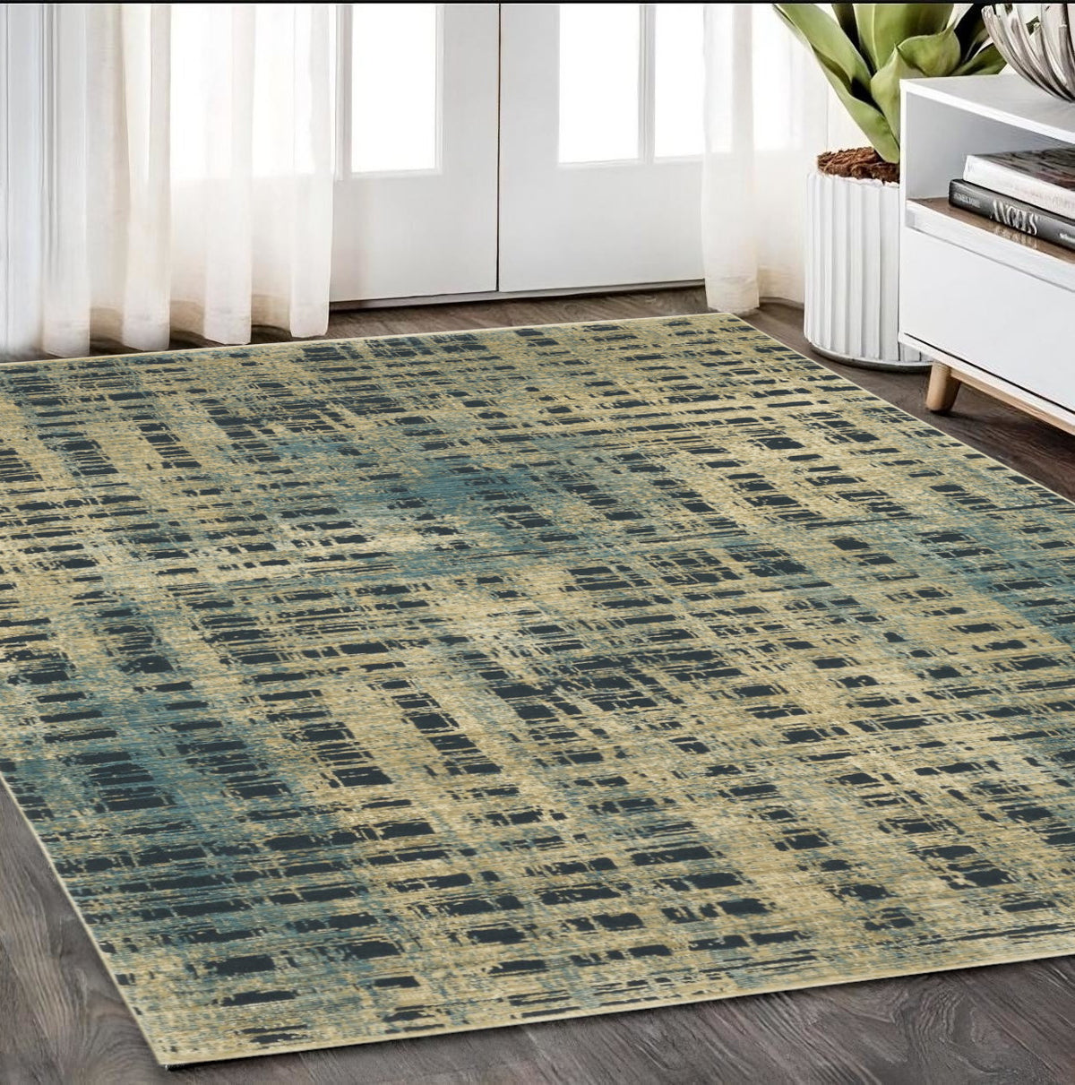 5' X 8' Beige And Blue Geometric Area Rug