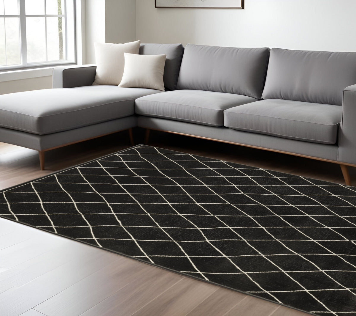 7' X 10' Charcoal And Ivory Trellis Area Rug