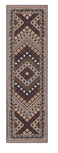 8' Blue Red And Ivory Diamond Runner Rug With Fringe