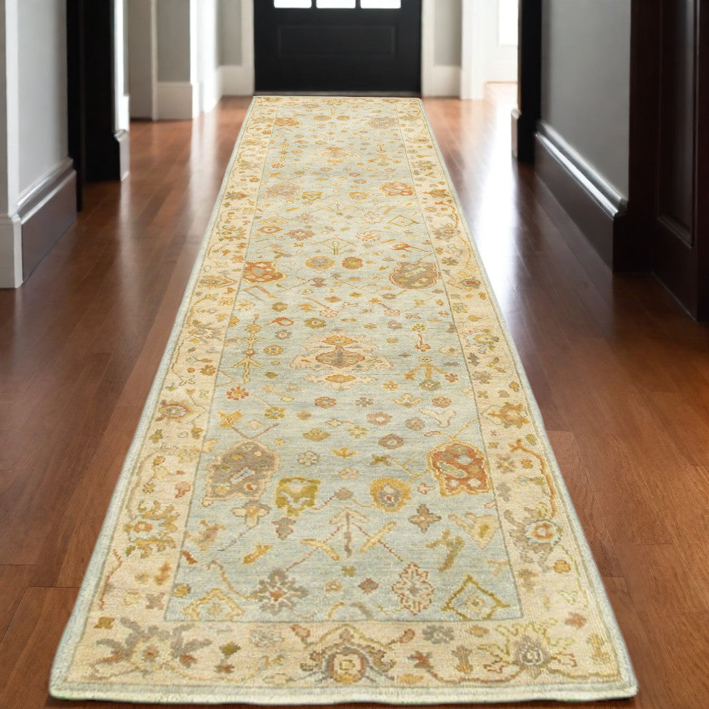 10' Blue And Sand Wool Oriental Hand Knotted Runner Rug